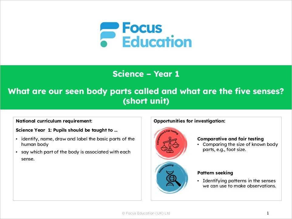 Science Y1: What are our seen body parts called and what are the five senses?