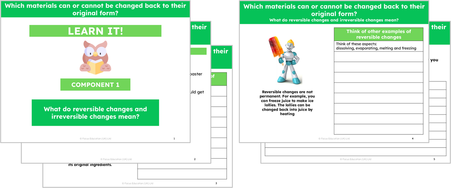 Science Y5: Which materials can or cannot be changed back to their original form?