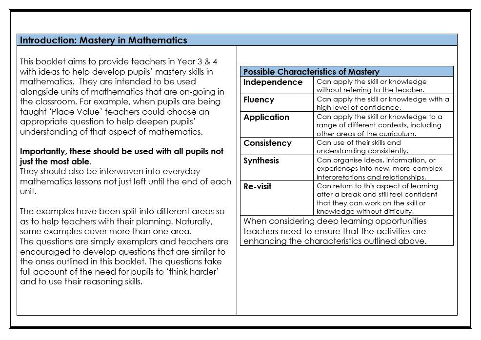 A Focus on Mathematical Reasoning to Promote Deep and Mastery Learning Years 3-4