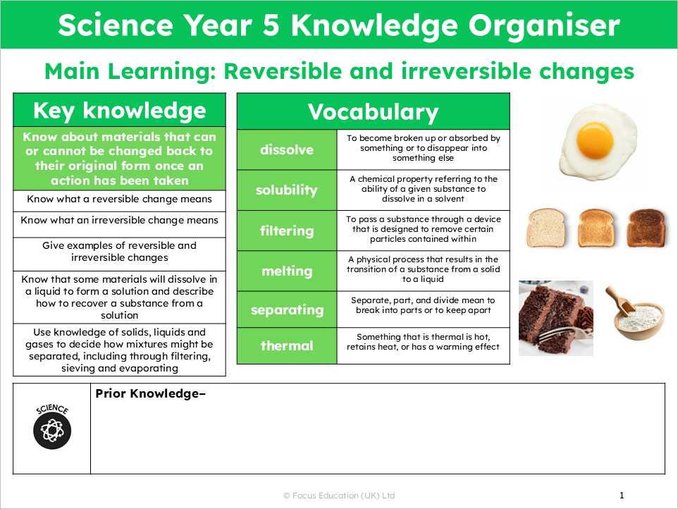 Science Y5: Which materials can or cannot be changed back to their original form?