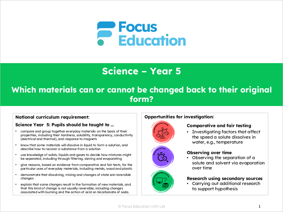 Science Y5: Which materials can or cannot be changed back to their original form?